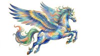 Mythical winged horse with vibrant blue, gold, and rainbow feathers isolated on transparent background. Ready for t-shirt design, clipart, stickers, sublimation, and print-on-demand products.
