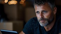 Mature bearded man with gray hair working late on laptop in dark room with bokeh lights. Professional executive focused on screen in evening office setting.