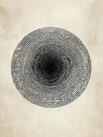 Circular pattern of small black dots forming concentric rings on aged paper background, creating mesmerizing optical effect and vintage minimalist design.