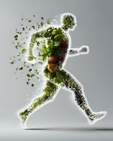 Running silhouette filled with fresh vegetables and green leaves creating dynamic healthy lifestyle composition against light background. Perfect for wellness design.