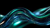 Flowing turquoise and blue waves with glowing particles create dynamic motion effect against black background, abstract modern design for technology concepts.