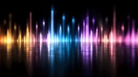 Colorful sound waves with vibrant reflection on black background, glowing audio spectrum visualization in orange, blue and purple neon colors.