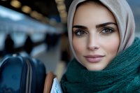 Young Middle Eastern woman wearing beige hijab and emerald green scarf, with striking blue eyes and gentle smile, holding travel documents at airport terminal.