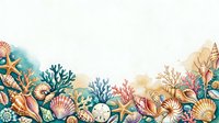 Watercolor coral reef border with seashells, starfish and marine life on white background for summer designs and ocean-themed projects.