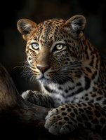Majestic leopard portrait with piercing yellow eyes and spotted coat resting on wooden branch against dark background for wildlife photography projects.