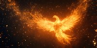 Majestic phoenix bird rising with glowing fiery wings spread against dark background, sparks and embers floating in cosmic space, mystical orange flames.