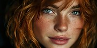 Young redhead woman with freckles and blue eyes portrait close-up with natural beauty and soft lighting for skincare and cosmetics advertising.