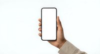 Hand holding smartphone with blank white screen mockup isolated on white background for app presentation and digital marketing materials.