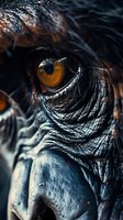 Extreme close-up of an orangutan's amber eye and weathered facial features showing intricate skin texture and wrinkles in dramatic lighting, revealing nature's raw beauty.
