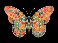 Ornate butterfly with intricate floral and geometric patterns in warm tones, isolated on transparent background. Ready for t-shirt designs, clipart, stickers, sublimation and print-on-demand projects.
