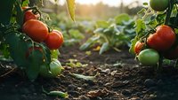 Fresh ripe tomatoes growing on vine in organic vegetable garden with warm sunlight filtering through leaves creating natural farming atmosphere.