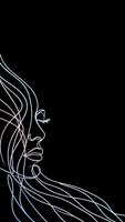 Minimalist line art portrait of woman with flowing hair on black background for modern design projects and creative applications.