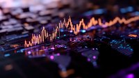 Financial market data visualization with glowing orange trading chart lines and purple digital elements on dark background showing stock price movements and analysis.