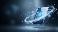 Futuristic smartphone with holographic interface displaying digital icons and data visualization elements floating above screen in blue technology concept.