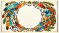 Ornate feather wreath with colorful plumage in turquoise, orange, and gold tones forming a circular frame on cream background. Suitable for invitations, cards, and design projects.