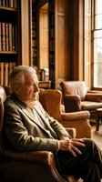 Elderly Caucasian gentleman in tweed suit sitting thoughtfully in classic library with leather armchairs and vintage books for retirement lifestyle concepts.