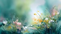 Dreamy watercolor wildflower meadow with pink, yellow, and white blooms against soft teal background, creating serene nature atmosphere for greeting cards.