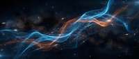 Glowing blue and orange energy waves flow across dark space with particles and stars, representing data flow, technology, and digital transformation for tech backgrounds.