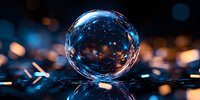 Crystal clear glass sphere reflecting light on dark surface with bokeh background, creating magical atmosphere and optical distortion effects for creative photography.
