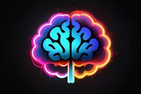Glowing neon brain icon with vibrant gradient colors from blue to red, surrounded by luminous outline perfect for creative technology and innovation concepts.