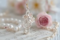 Delicate silver treble clef pendant with pearl and flower details on sheet music background alongside pink rose and pearl necklace, romantic musical jewelry composition.