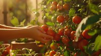 Hand picking fresh ripe red cherry tomatoes from vine in sunny garden during harvest season for organic farming and healthy eating.
