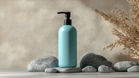 Minimalist spa composition with turquoise cosmetic bottle on gray stones against beige wall with dried pampas grass, natural beauty product mockup.