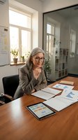 Mature woman with gray hair and glasses sitting at wooden desk in bright office, reviewing documents and digital tablet with project planning materials and charts.