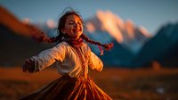Young Asian girl with braids spinning joyfully at sunset, mountains glowing with golden alpenglow in background, wearing traditional dress.