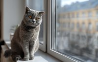 Gray British Shorthair cat with bright orange eyes sitting on windowsill, gazing outside at urban view with soft natural lighting.