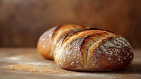 Freshly baked artisan bread loaves with crispy golden crust and dusting of flour on wooden surface against rustic brown background.