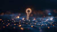Glowing key symbol floating over connected network lines with bokeh light effects on dark background, representing digital security and access control.