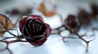 Dark red metal rose with thorny stem on white surface, gothic romantic decor element for crafts and artistic projects.