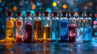Magical glowing bottles with colorful liquids arranged in row against blurred bokeh background, sparkling particles create mystical laboratory atmosphere.