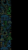 Science laboratory equipment border with neon blue and green line art on black background for chemistry research and education design projects.