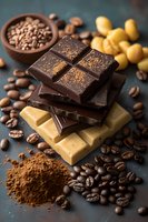 Stack of dark and white chocolate bars with coffee beans, cocoa powder, and nuts on dark background, macro food photography for confectionery advertising.
