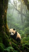 Giant panda cub walking through misty forest with moss-covered trees and lush vegetation. Wildlife and nature photography for conservation, education, and editorial use.