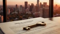 Deed of ownership document with golden key on desk overlooking city skyline at sunset, symbolizing property transfer and real estate investment opportunities.