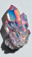 Iridescent crystal cluster with rainbow-colored quartz formations displaying vibrant blue, pink, and orange hues against white background.