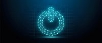 Digital power button icon with glowing cyan wireframe design on dark grid background for technology and electronics interface concepts.
