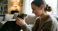 Young woman in cozy sweater bonding with tabby cat at home. Warm indoor lifestyle moment showing pet owner affection and companionship in living room.