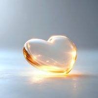 Glowing translucent heart shape with golden light effect on light surface, romantic symbol of love casting warm reflections and soft shadows.