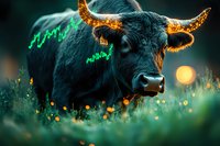 Black bull with glowing horns and stock market chart overlay in mystical meadow setting at sunset, surrounded by bokeh lights and green grass.