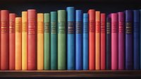 Colorful row of books arranged in rainbow spectrum order on wooden shelf, spines showing uniform design pattern for decorative library display.