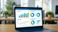 Marketing analytics dashboard displayed on laptop screen showing bar charts, pie charts, and line graphs with data visualization for business performance analysis.