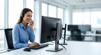 Professional businesswoman with headset working at computer in modern office environment providing customer service support.