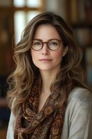 Professional Caucasian woman with long wavy brown hair wearing stylish glasses and paisley scarf smiles warmly at camera. Natural lighting creates soft portrait ambiance.