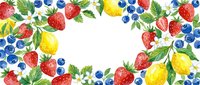 Assorted fresh berries and citrus fruits with green leaves arranged in a circular frame around white space, suitable for food packaging, recipe blogs, and wellness marketing materials.