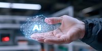 Glowing AI hologram floating above open palm in futuristic environment, digital transformation concept showing artificial intelligence network visualization.