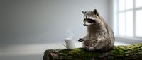 Cute raccoon sitting on mossy log holding white coffee cup in bright indoor setting with window light creating whimsical morning scene for wildlife humor concepts.